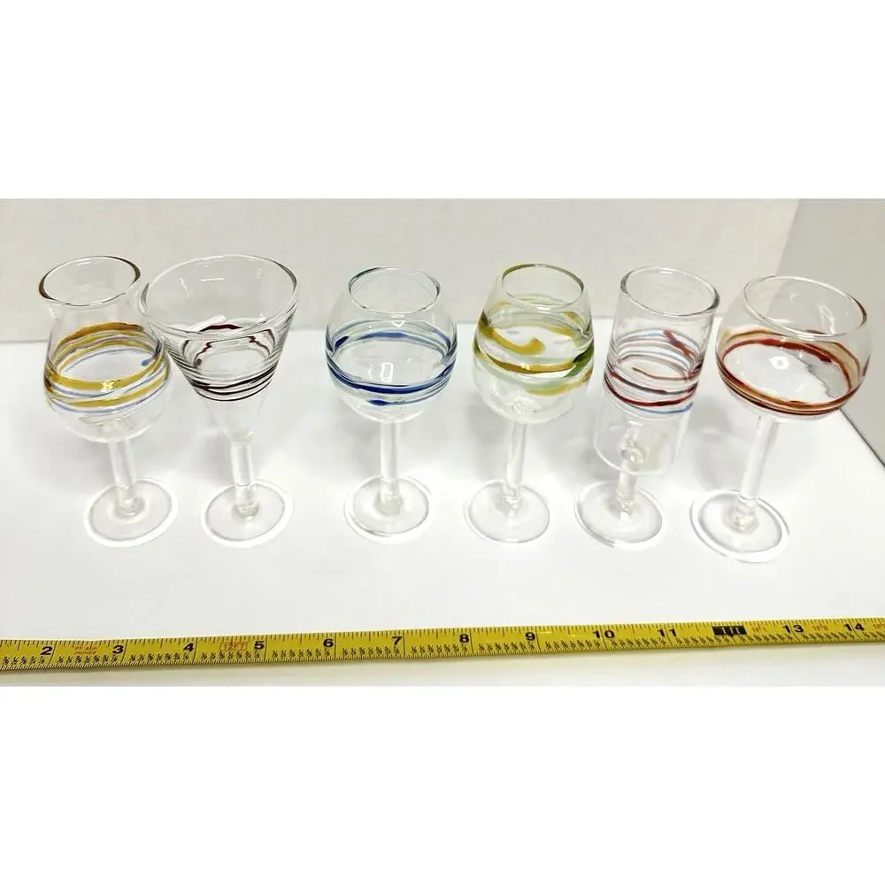 Vintage Hand Blown Multicolor Art Glass Cordial Glasses Set of 6 MCM Barware